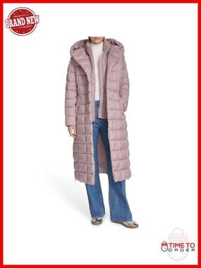 Channel Quilted Long Puffer Jacket with Hood